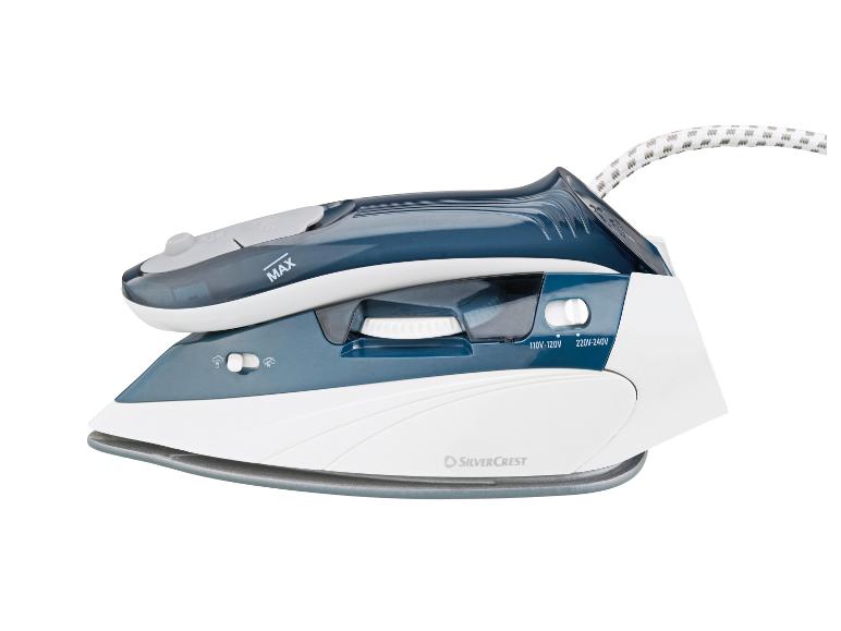 Blau-weißes Reisebügeleisen mit klappbarem Griff und Spannungswähler