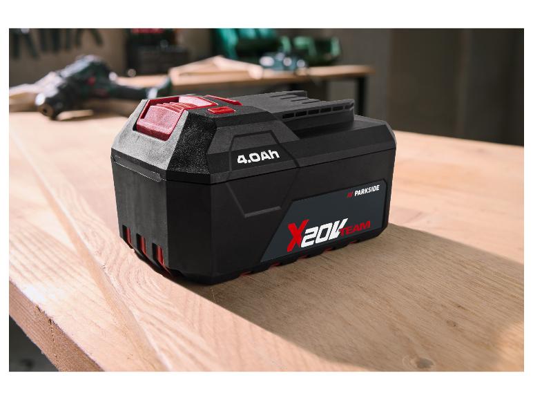 Parkside X 20V Team 4.0Ah Akku auf einer Holzwerkbank
