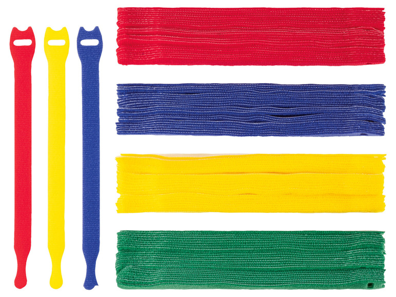 Rote, gelbe und blaue Kabelbinder sowie Bündel von Kabelbindern in den gleichen Farben.