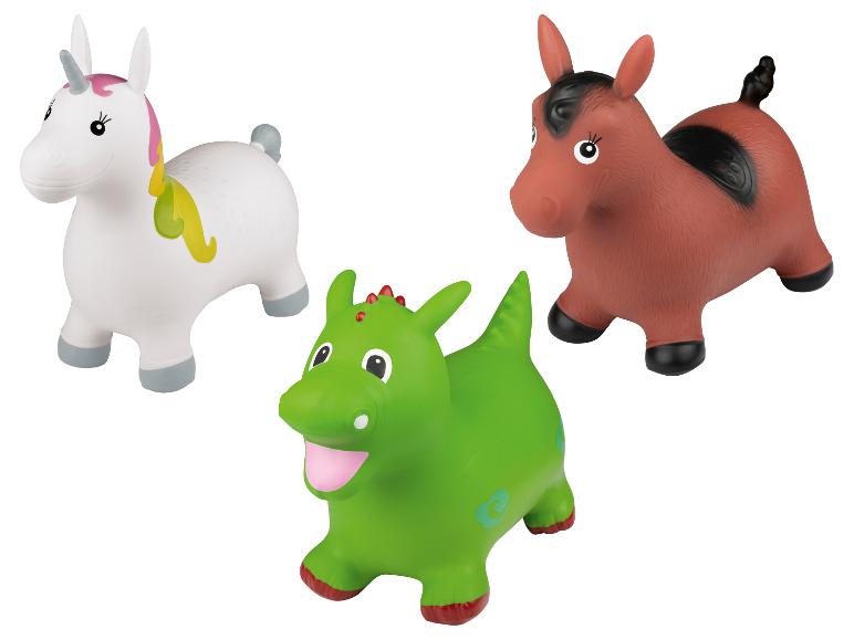 Drei aufblasbare Spielzeuge in Tierform: Einhorn, Pferd und Drache.