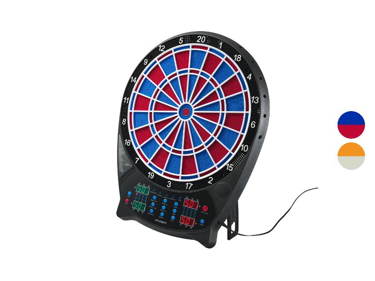 Crivit elektronische Dartscheibe mit Digitalanzeigen und Zubehör.