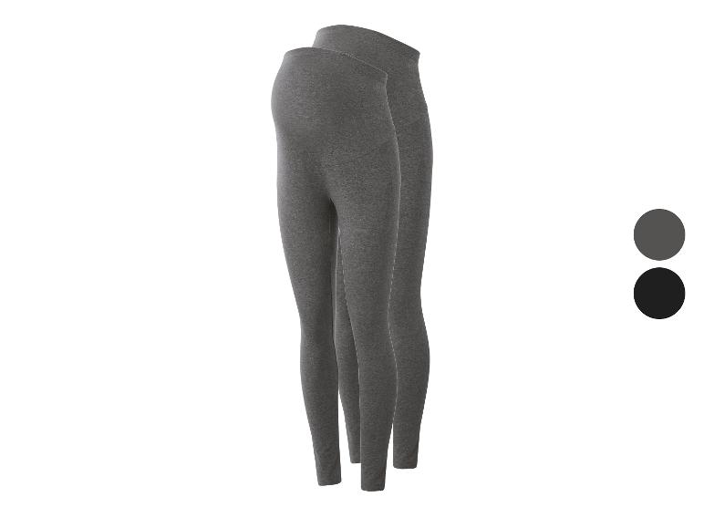 Zwei Paar graue und schwarze Umstandsleggings mit hohem, bequemem Bund.