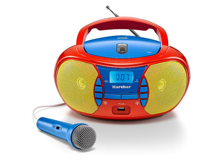 Rot-blaue Boombox mit gelben Lautsprechern und blauem Mikrofon, Anzeige „100.7 FM“