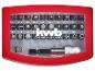 Schraubendreher-Bit-Set mit verschiedenen Spitzen, einschließlich Schlitz-, Sechskant- und Torx, in rotem Gehäuse.