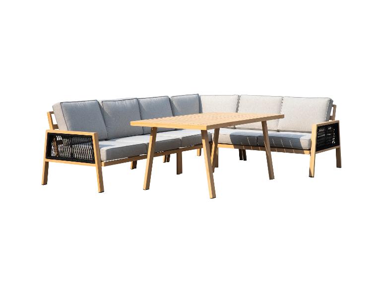 Gartenmöbel-Set mit Ecksofa und Holztisch.