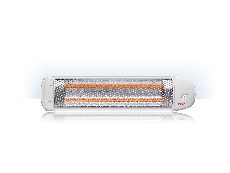 Weißer Wandheizstrahler mit zwei orangefarbenen Heizstäben und Metallgitter.