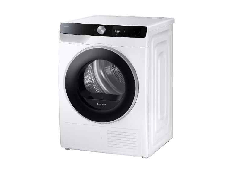 Weißer Samsung Trockner mit schwarzem Bedienfeld und runder Tür.