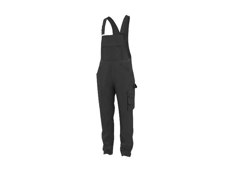 Dunkelgraue Latzhose mit mehreren Taschen und verstellbaren Trägern.