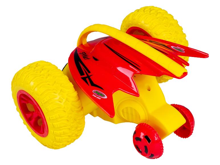 Rot-gelbes Spielzeugauto mit großen, strukturierten Reifen und einem oberen Griff.