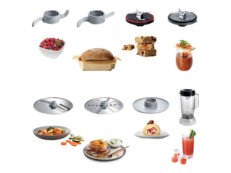 Eine Reihe von Küchenmaschinen-Zubehör und Gerichte mit Essen.