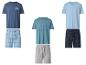 Drei Herren-Pyjama-Sets: blau mit 'Call it a day' Text, türkis mit 'Life is better in pyjamas' Text und hellblau mit gemusterten Shorts.