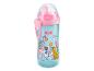 Blaue Baby-Trinkflasche mit Giraffen- und Katzenmotiven, mit rosa Schnabel.