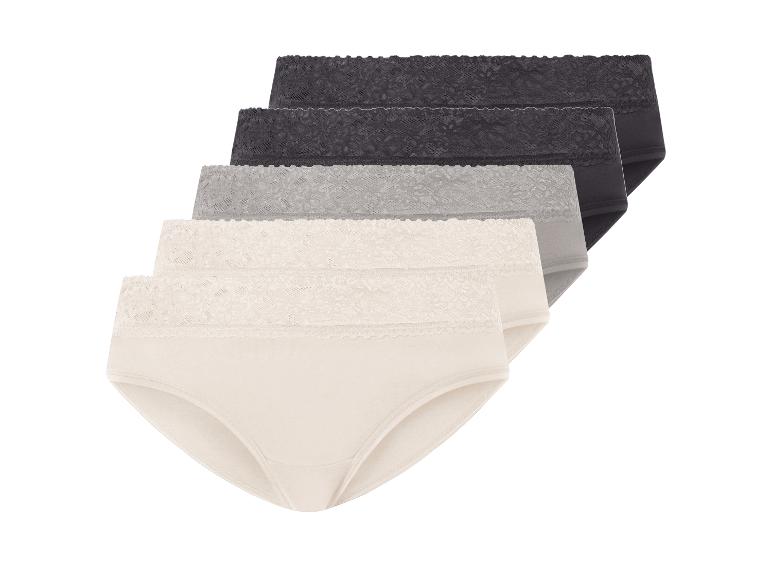 Set aus fünf Damen-Slips mit Spitzenbesatz in Grau- und Beigetönen.