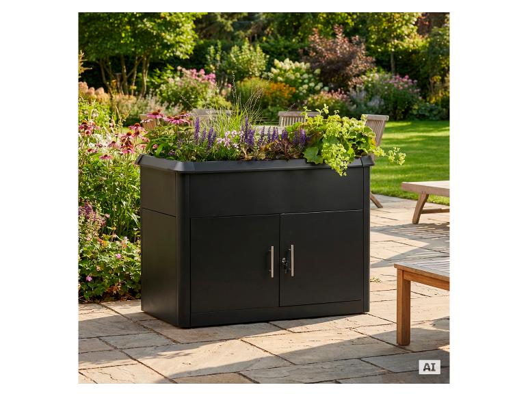 Schwarzer Pflanzkasten mit integriertem Stauraum, gefüllt mit bunten Blumen in einem sonnigen Garten.