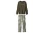 Grüner Pyjama mit Langarmshirt und gestreiften Hosen.