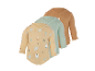 Drei langärmelige Baby-Bodys in Beige mit Mustern, Mintgrün und Braun.