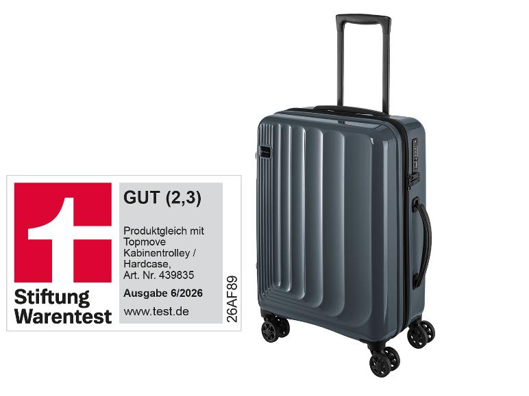 Grauer Kabinenkoffer mit Rollen und ausziehbarem Griff, mit „GUT (2,3)“ Qualitätssiegel.