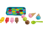 Spielzeug-Eiscreme-Set mit Tablett, Eis am Stiel, Eiskugeln, Waffeln und Schaufel.