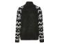 Schwarzer Pullover mit weißem geometrischem Muster an den Ärmeln.