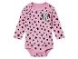 Ein rosa Baby-Body mit langen Ärmeln, mit Minnie Mouse und schwarzen Punkten.