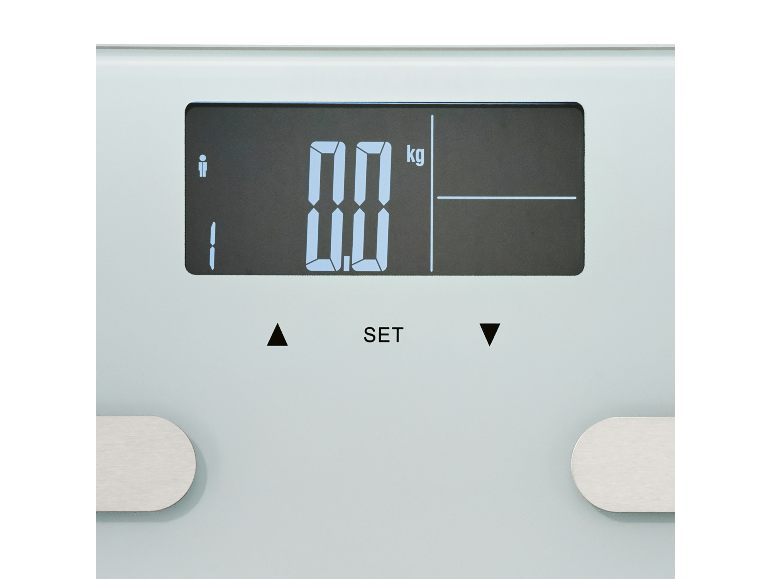 Nahaufnahme des Displays einer digitalen Personenwaage, die 0,0 kg anzeigt.