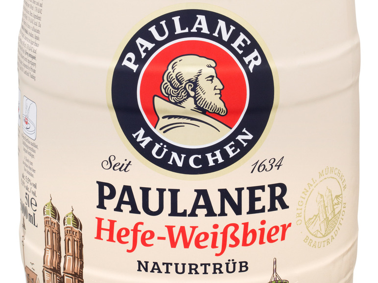Paulaner Hefe-Weißbier 5,5 Bierfass Zapfhahn, 5 % Vol Naturtrüb mit Liter Pfandfrei