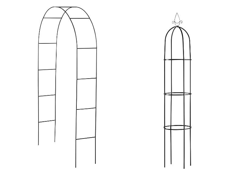 Gartenbogen und Obelisk aus schwarzem Metall für Kletterpflanzen.