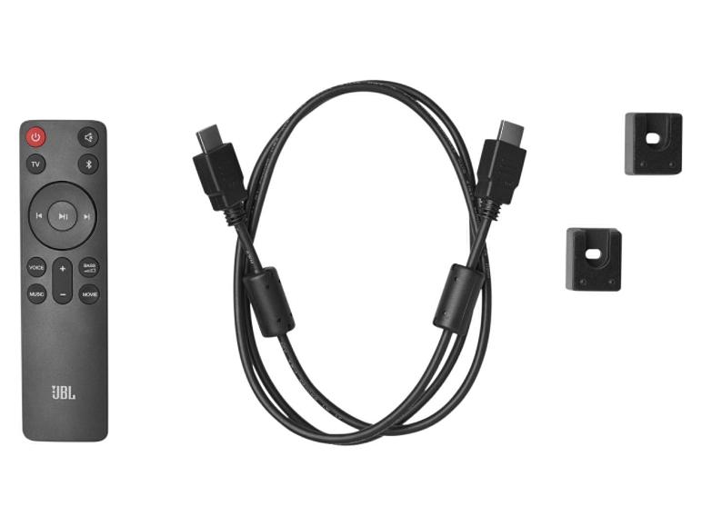 JBL Fernbedienung, HDMI-Kabel und Wandhalterungen.