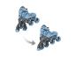 Blaue Inlineskates mit Rollen, wobei ein Pfeil die Umwandlung von 3 auf 4 Rollen anzeigt.