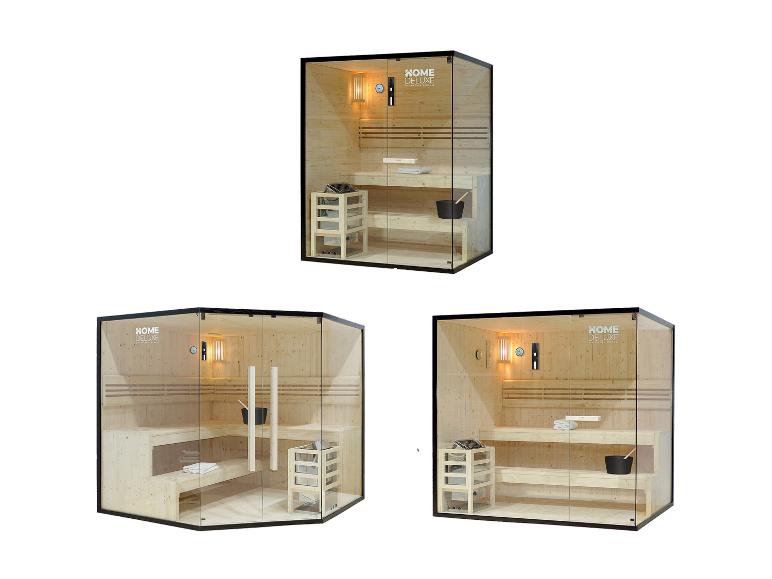 Drei helle Holz- und Glas-Ecksaunen mit Zubehör, von der Marke HOME DELUXE.