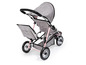 Ein grauer und rosa Kinderwagen mit Verdeck.