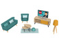 Ein blaues Sofa, ein Sessel und ein Couchtisch mit TV-Schrank und Lampe.