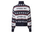 Ein blauer Pullover mit 'Après Ski' Aufdruck und Schneeflocken.