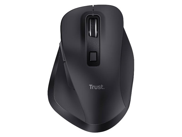 Schwarze ergonomische Computermaus mit Scrollrad und DPI-Taste.