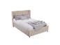 JUSKYS Polsterbett »Savona«: Beiges Polsterbett mit grauer Bettwäsche und Decken.