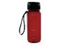 Rote Wasserflasche mit schwarzem Deckel und Handschlaufe, mit Volumenangaben bis 650 ml