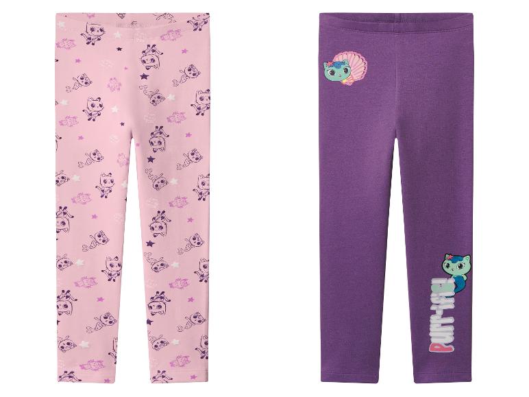 Kinderleggings mit Katzen- und Meerjungfrauenmotiven, eine rosa gemustert und eine lila bedruckt.