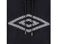 Schwarzer Kapuzenpullover mit großem weißem gestreiften Rautenlogo und Kordelzügen.