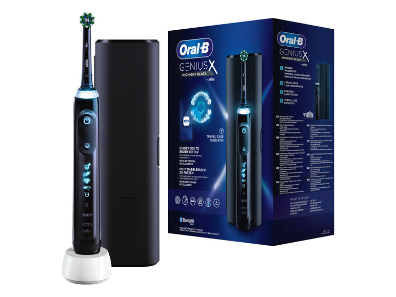 Oral-B Genius X elektrische Zahnbürste mit Ladegerät, Reiseetui und Bürstenkopf.