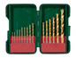 Ein Satz Bohrer in einer grünen Box.