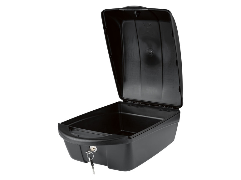 Eine schwarze Aufbewahrungsbox mit einem Schlüssel.