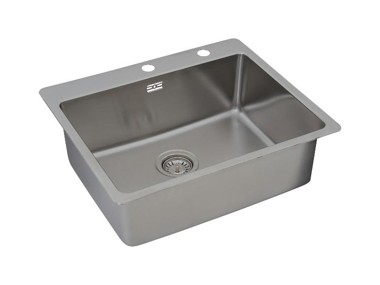 Einzelnes Edelstahl-Küchenspülbecken mit zwei Wasserhahnlöchern und Siebabfluss.