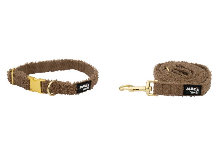 Braunes Hundehalsband und Leine aus Plüschmaterial mit Metallverschlüssen.