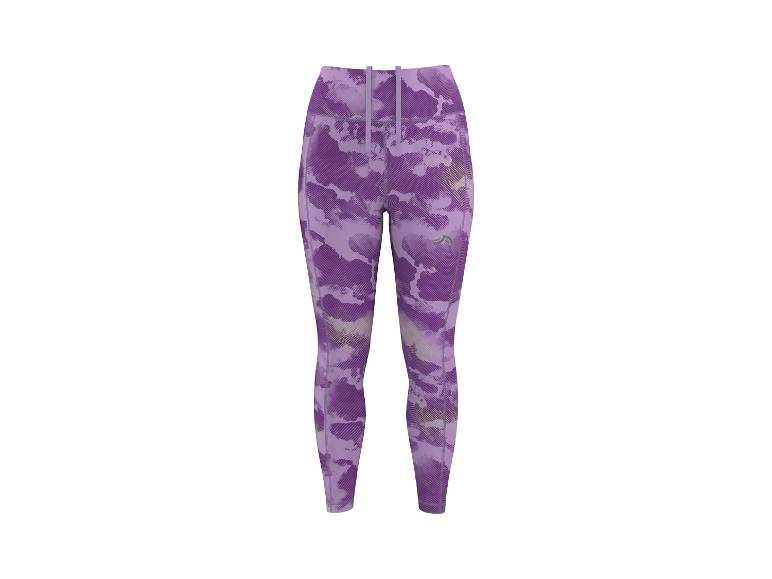 Damen-Sportleggings mit lila Camouflage-Muster und Kordelzug in der Taille.