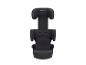 Schwarzer Kindersitz mit verstellbarer Kopfstütze und Rückenlehne.