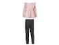 Rosa Langarmshirt mit Rüschen und dunkelgraue gerippte Leggings für Babys.