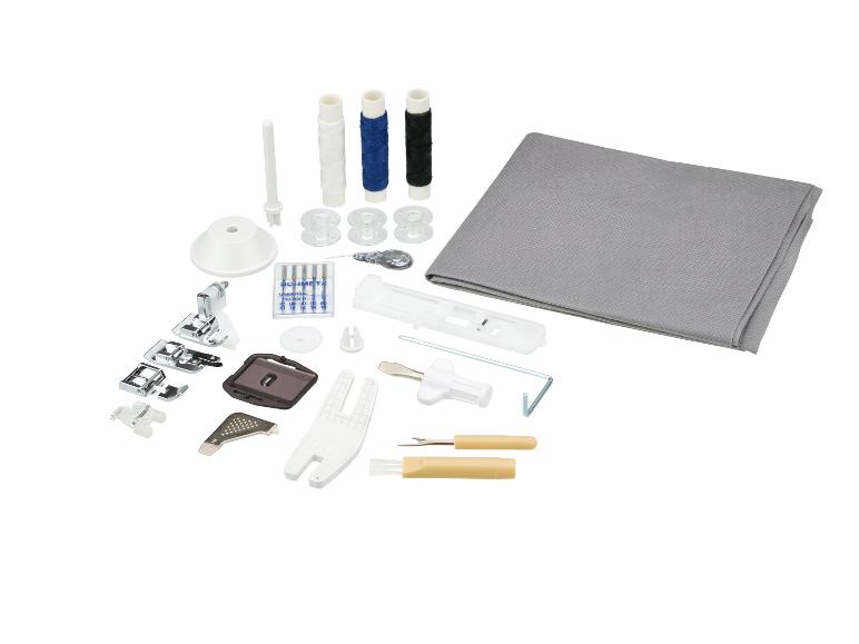 Nähzubehör-Set mit Fäden, Nadeln, Nähfüßen und verschiedenen Werkzeugen.