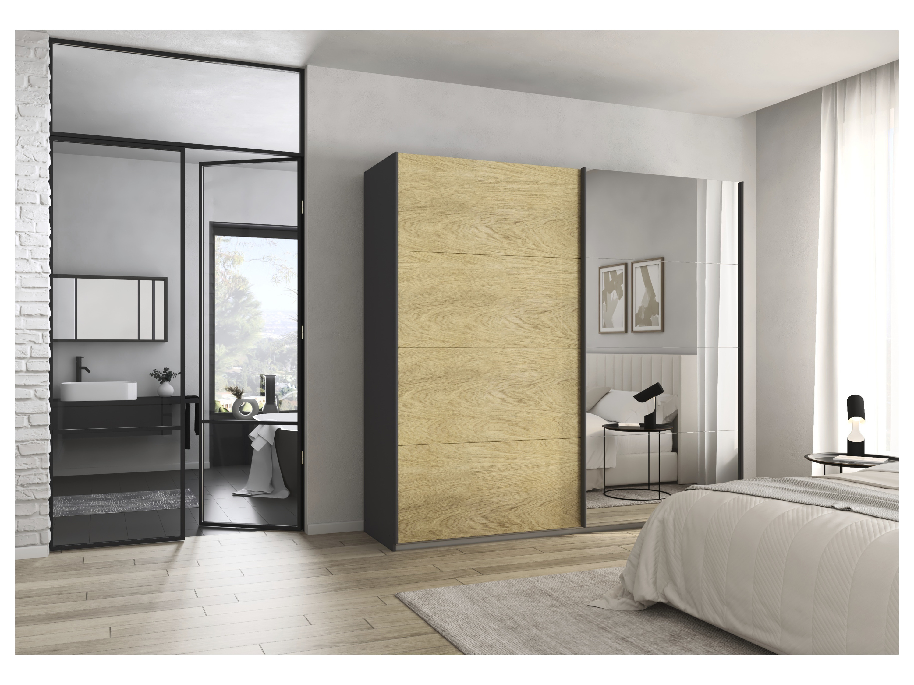 RAUCH ORANGE Malva-Extra Schwebetürenschrank (mit Spiegel, Eiche Furnier/Graumetallic, Breite 226 cm / Höhe 210 cm) – Bild 2 von 4