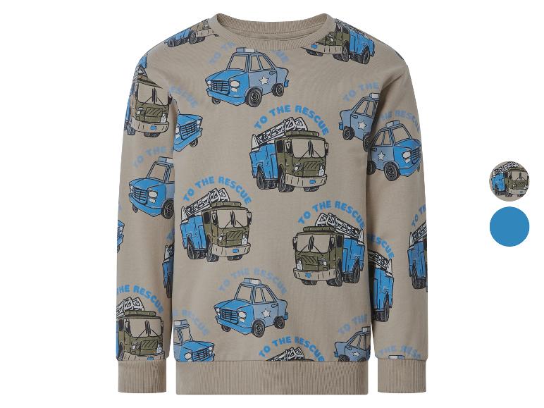 Beiges Sweatshirt mit blauem und grünem Polizeiauto- und Feuerwehrauto-Print, mit dem Text „TO THE RESCUE“.