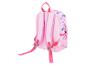 Rosa Kinderrucksack mit blauen und rosa Zeichentrickfiguren.